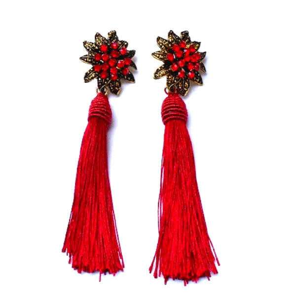 Flower Rhinestone Tassel Drop Dangling Earrings