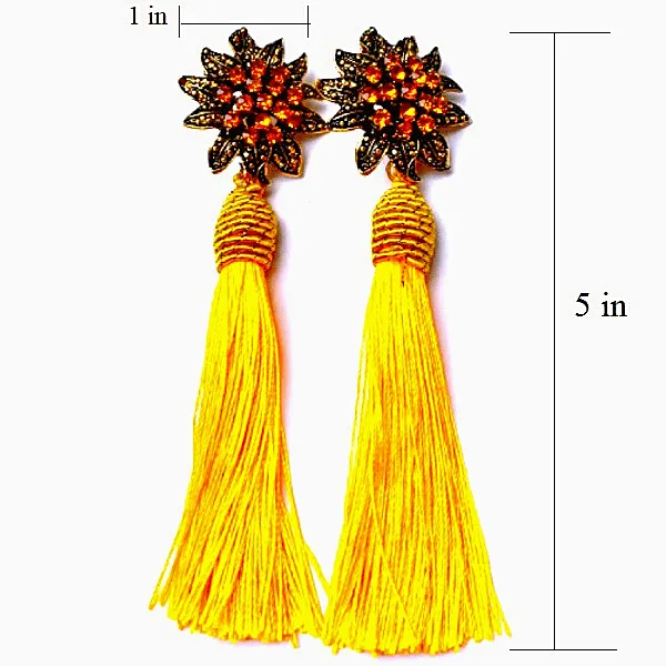 Flower Rhinestone Tassel Drop Dangling Earrings