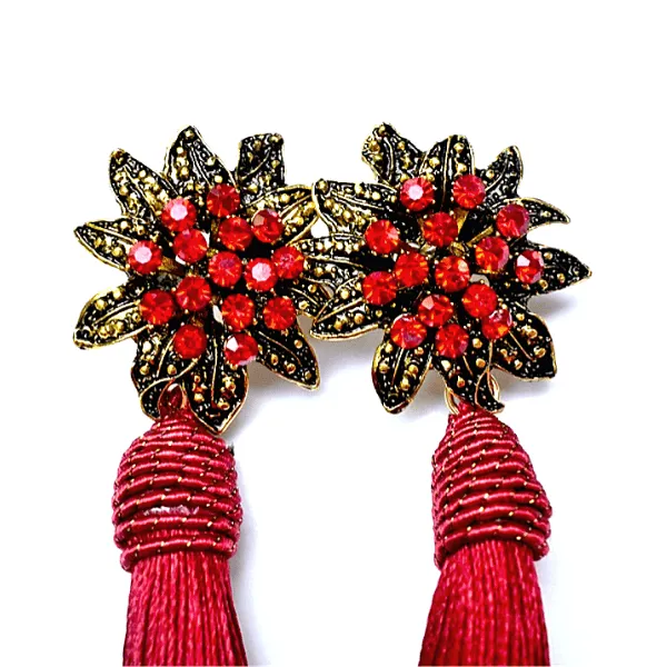 Flower Rhinestone Tassel Drop Dangling Earrings