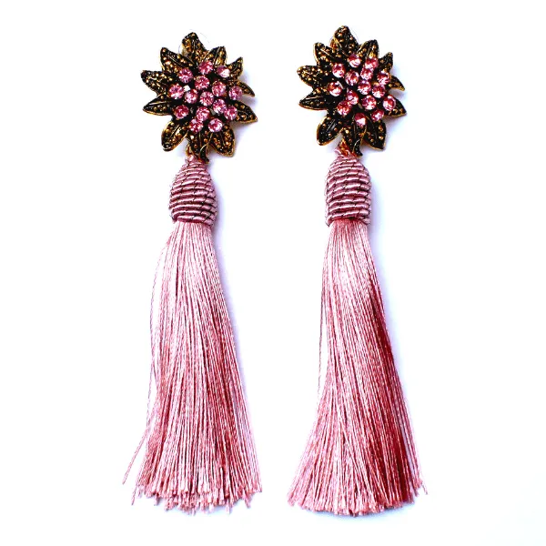 Flower Rhinestone Tassel Drop Dangling Earrings