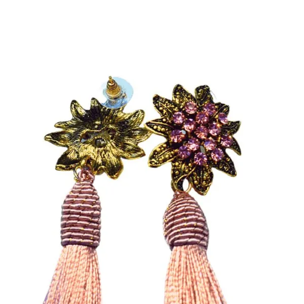 Flower Rhinestone Tassel Drop Dangling Earrings