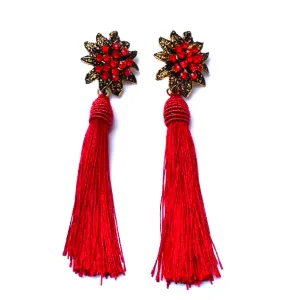 Flower Rhinestone Tassel Drop Dangling Earrings