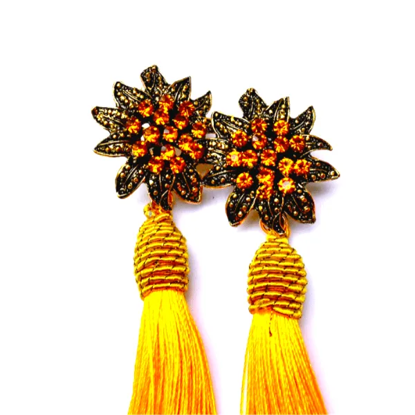 Flower Rhinestone Tassel Drop Dangling Earrings