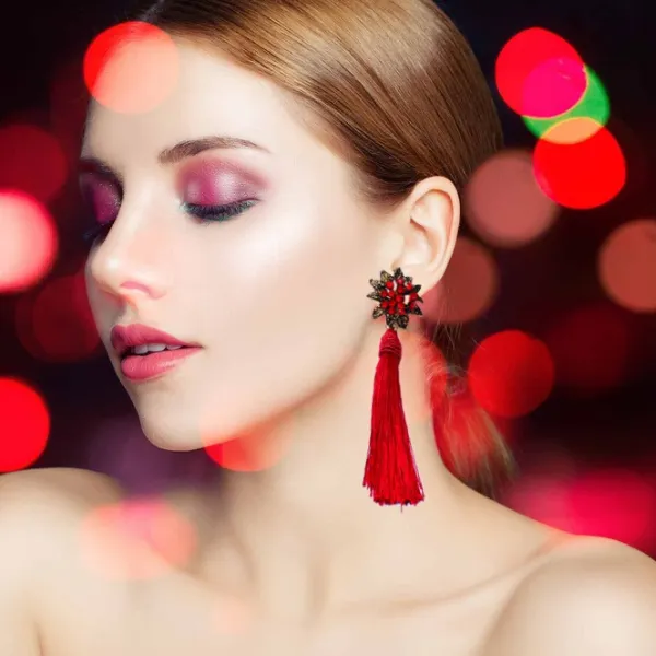 Flower Rhinestone Tassel Drop Dangling Earrings