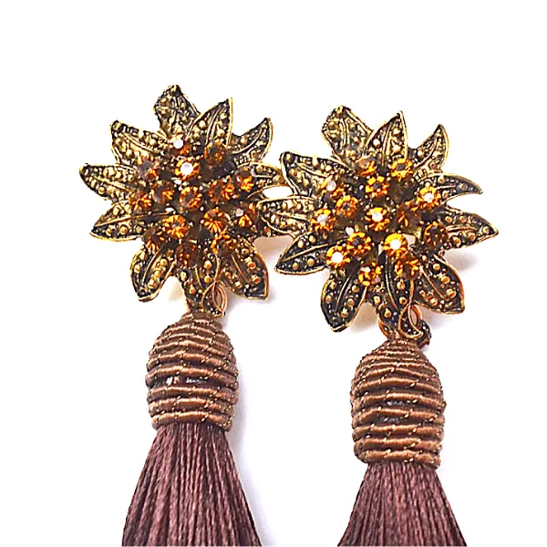 Flower Rhinestone Tassel Drop Dangling Earrings