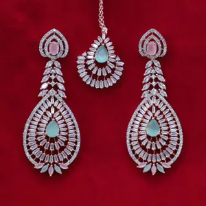 Gold American Diamond Contemporary Earrings with Mang Tikka