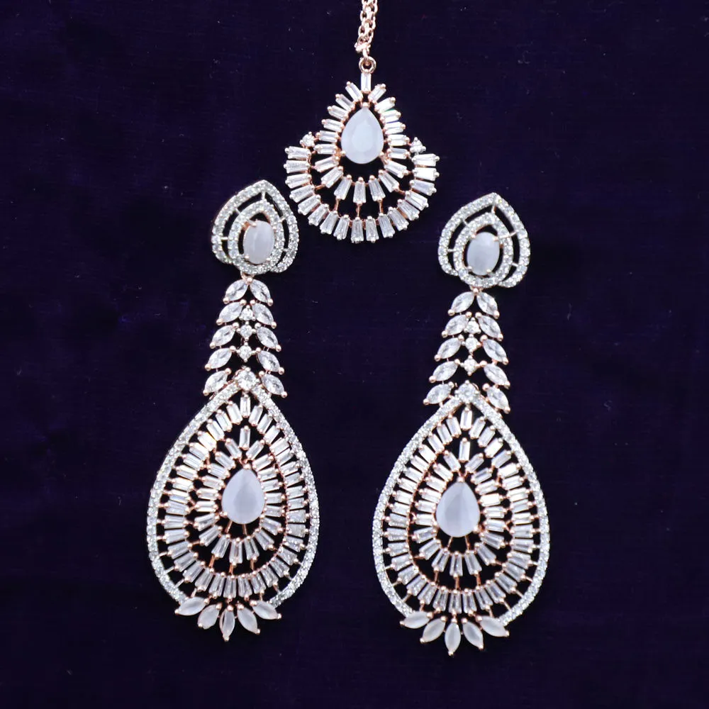 Gold American Diamond Contemporary Earrings with Mang Tikka