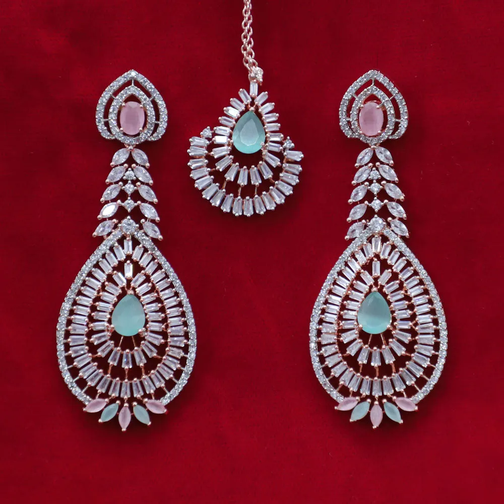 Gold American Diamond Contemporary Earrings with Mang Tikka