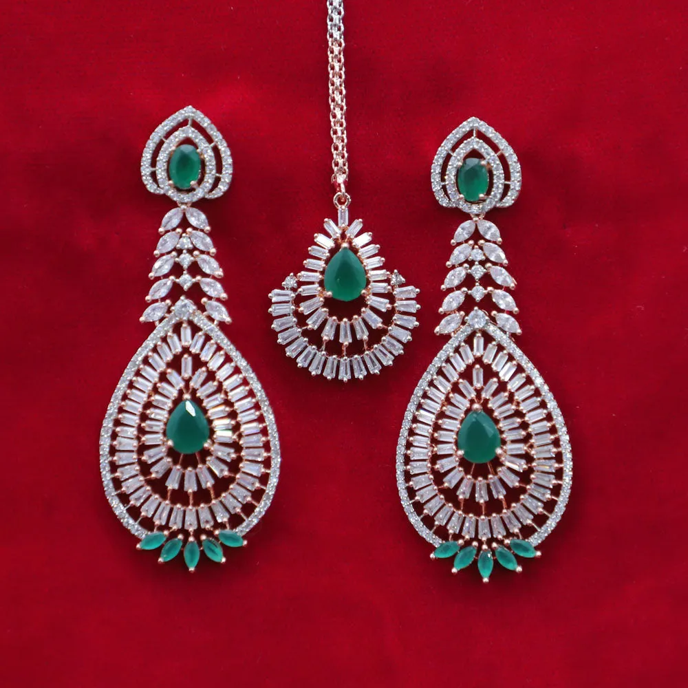 Gold American Diamond Contemporary Earrings with Mang Tikka