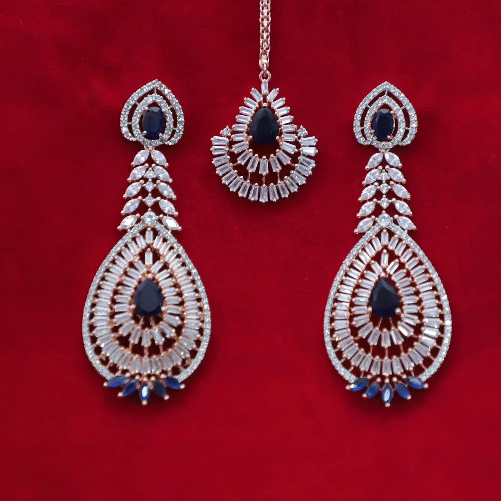 Gold American Diamond Contemporary Earrings with Mang Tikka