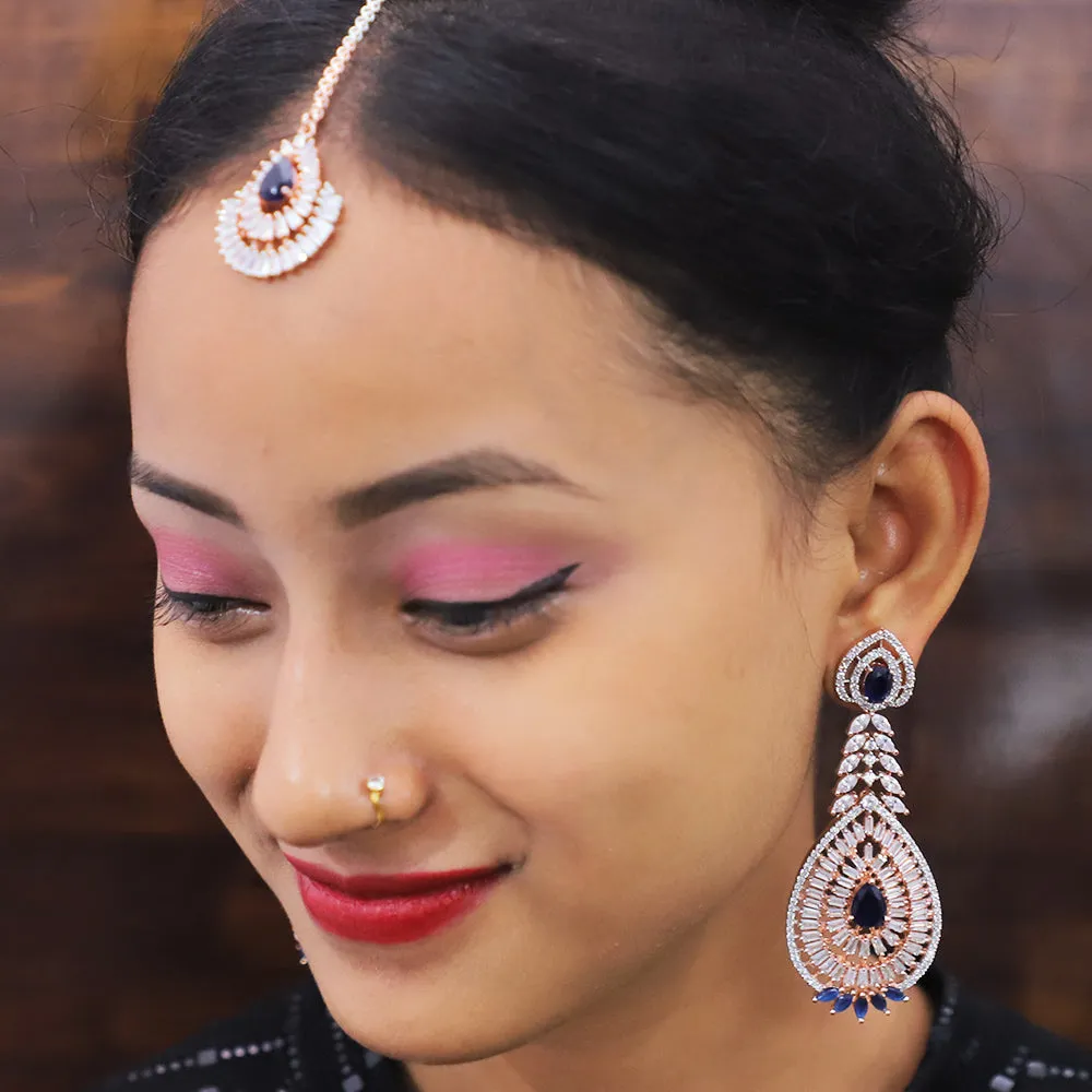 Gold American Diamond Contemporary Earrings with Mang Tikka