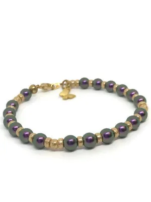 Gold filled beads and Purple Crystal Pearl Bracelet with Butterfly, Purple Pearl Bracelet