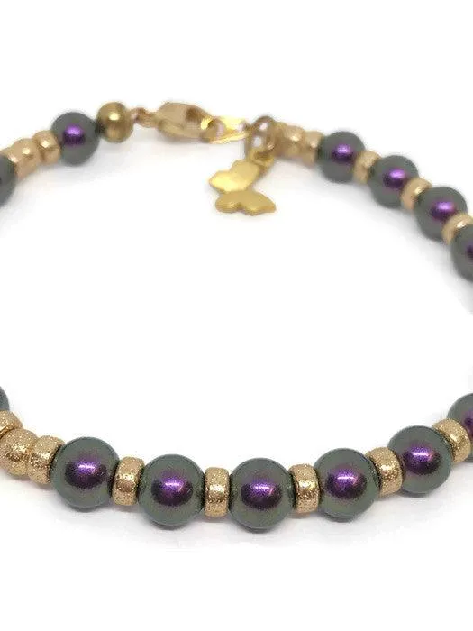 Gold filled beads and Purple Crystal Pearl Bracelet with Butterfly, Purple Pearl Bracelet