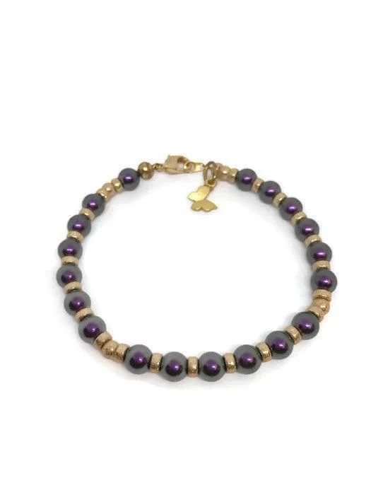 Gold filled beads and Purple Crystal Pearl Bracelet with Butterfly, Purple Pearl Bracelet