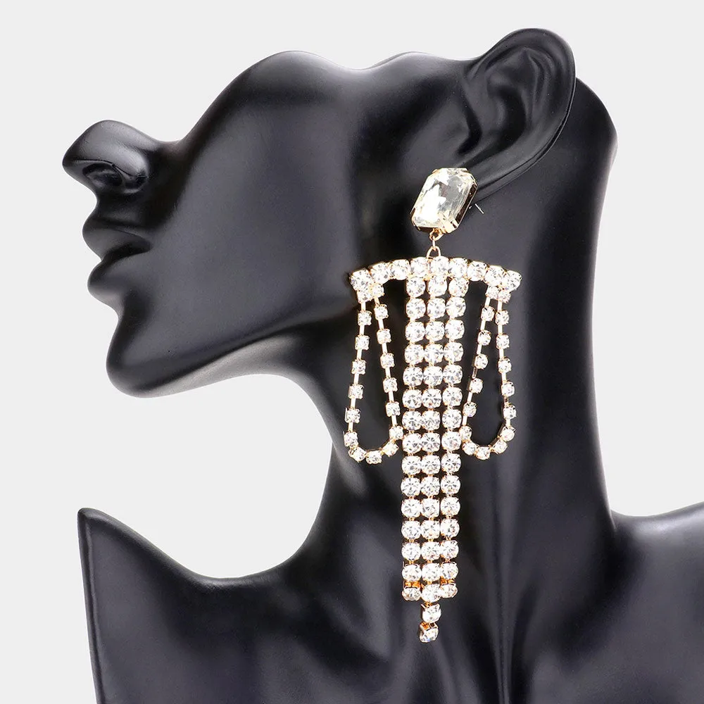 iLLASPARKZ Emerald Cut Stone Draped Rhinestone Link Dangle Evening Earrings