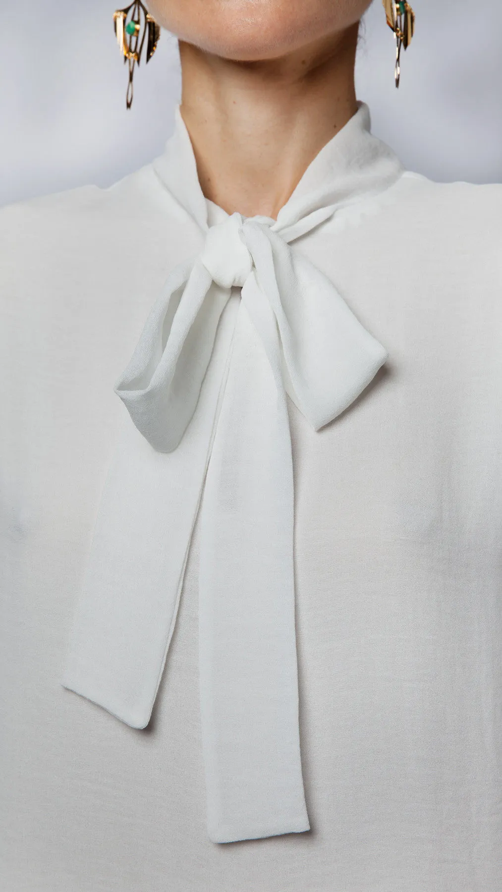 Ivory Crepe Pussy-Bow Dress