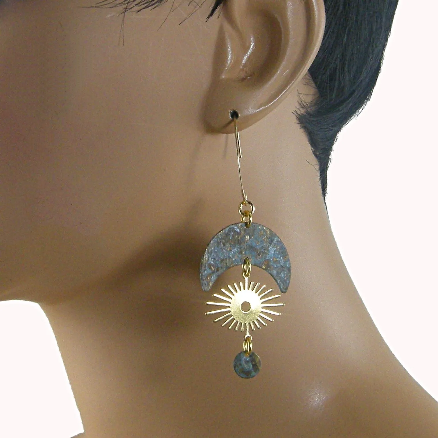 Long Patina Earrings, Patina Crescent Sun Earrings, Boho Earrings