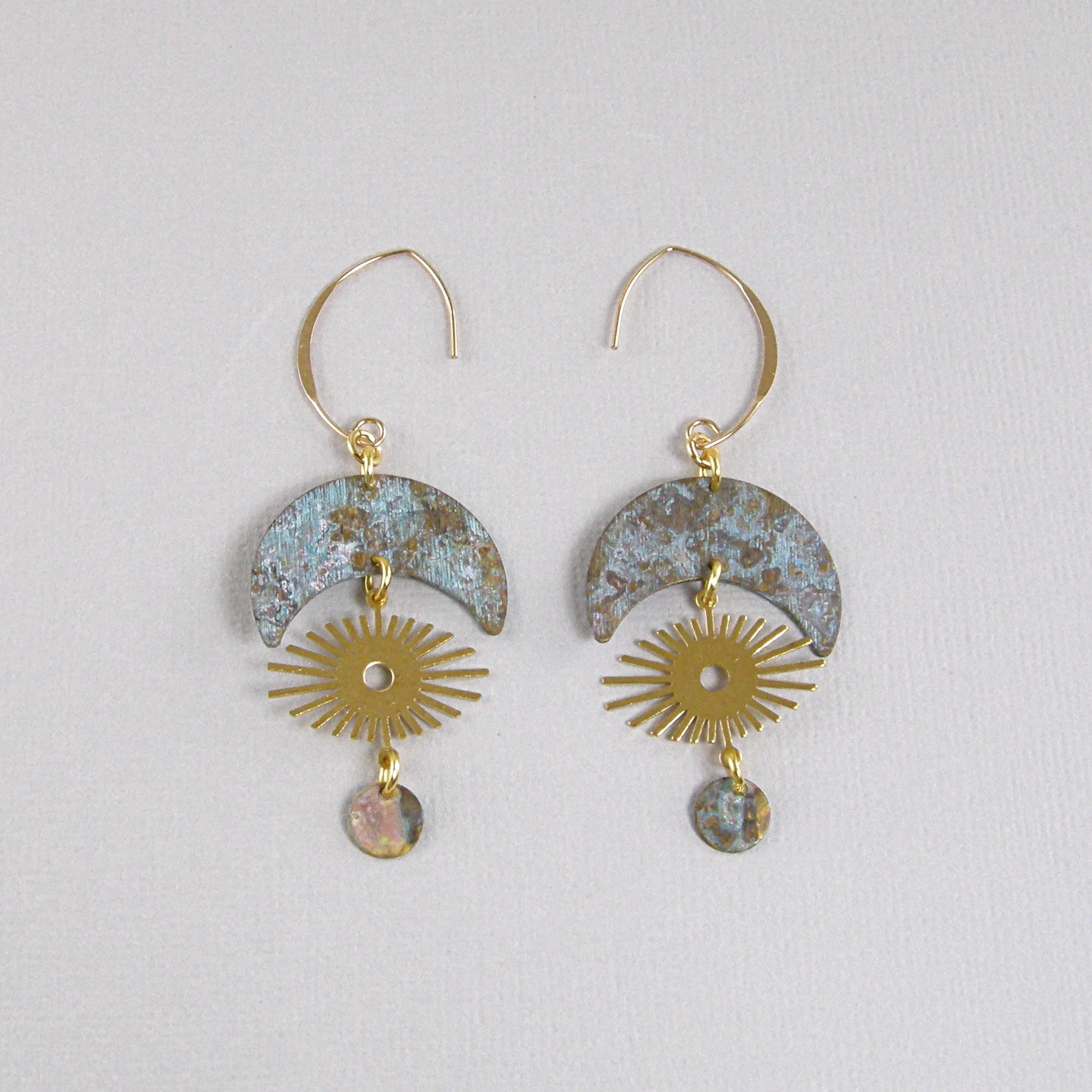 Long Patina Earrings, Patina Crescent Sun Earrings, Boho Earrings