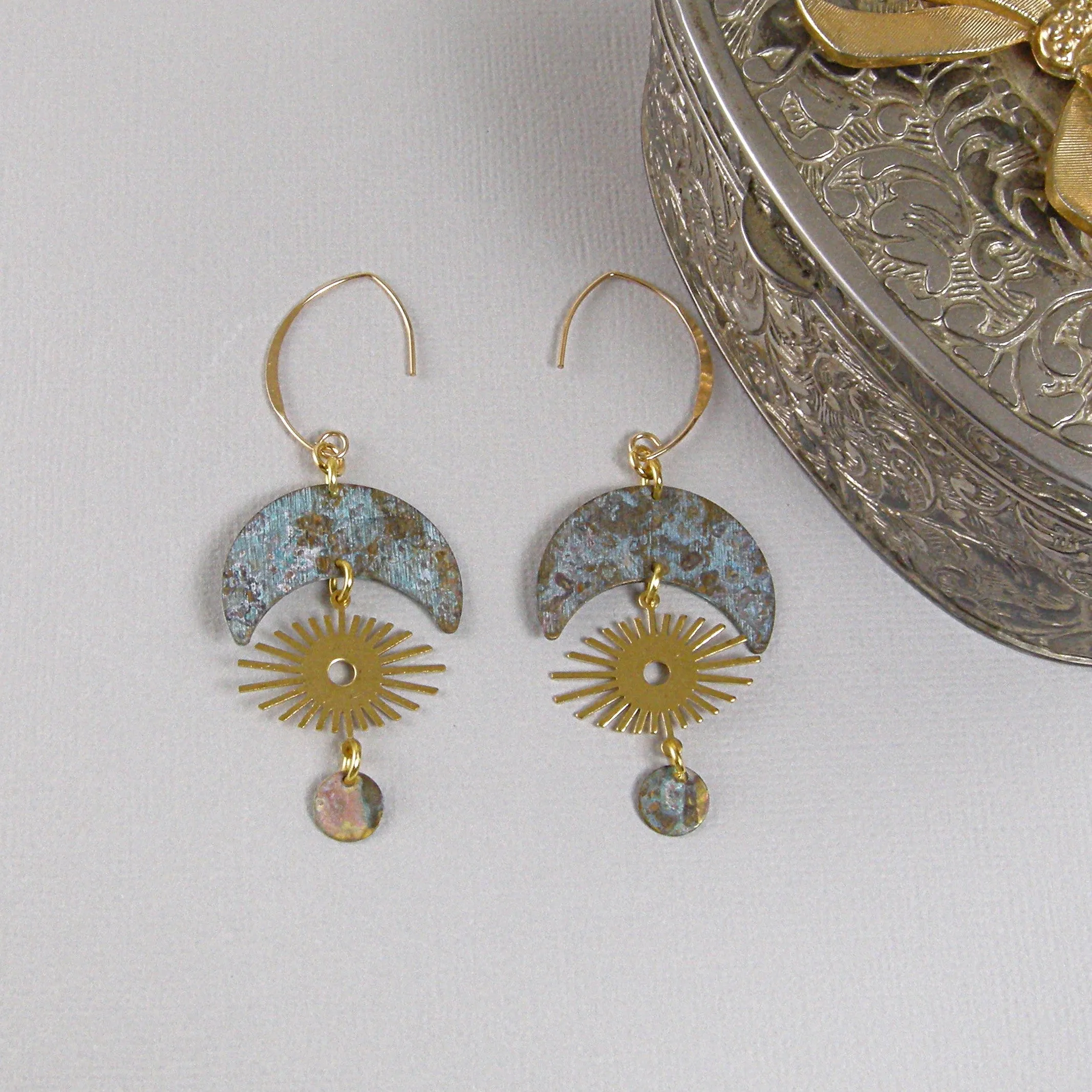 Long Patina Earrings, Patina Crescent Sun Earrings, Boho Earrings