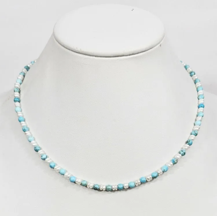Men's Mini Beaded Necklace with Pearls and Turquoise