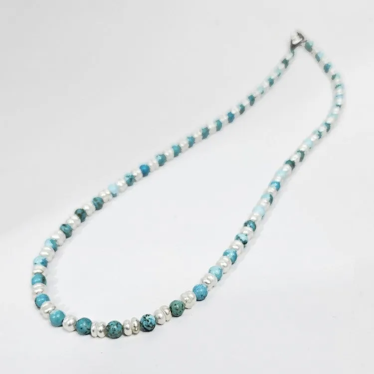 Men's Mini Beaded Necklace with Pearls and Turquoise
