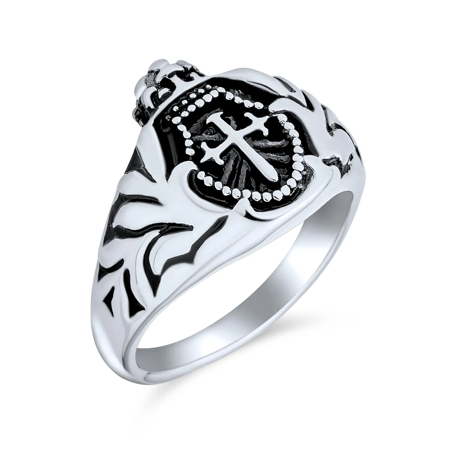Mens Statement Crown Knight Arms Shield Signet Cross Ring Black Stainless Steel