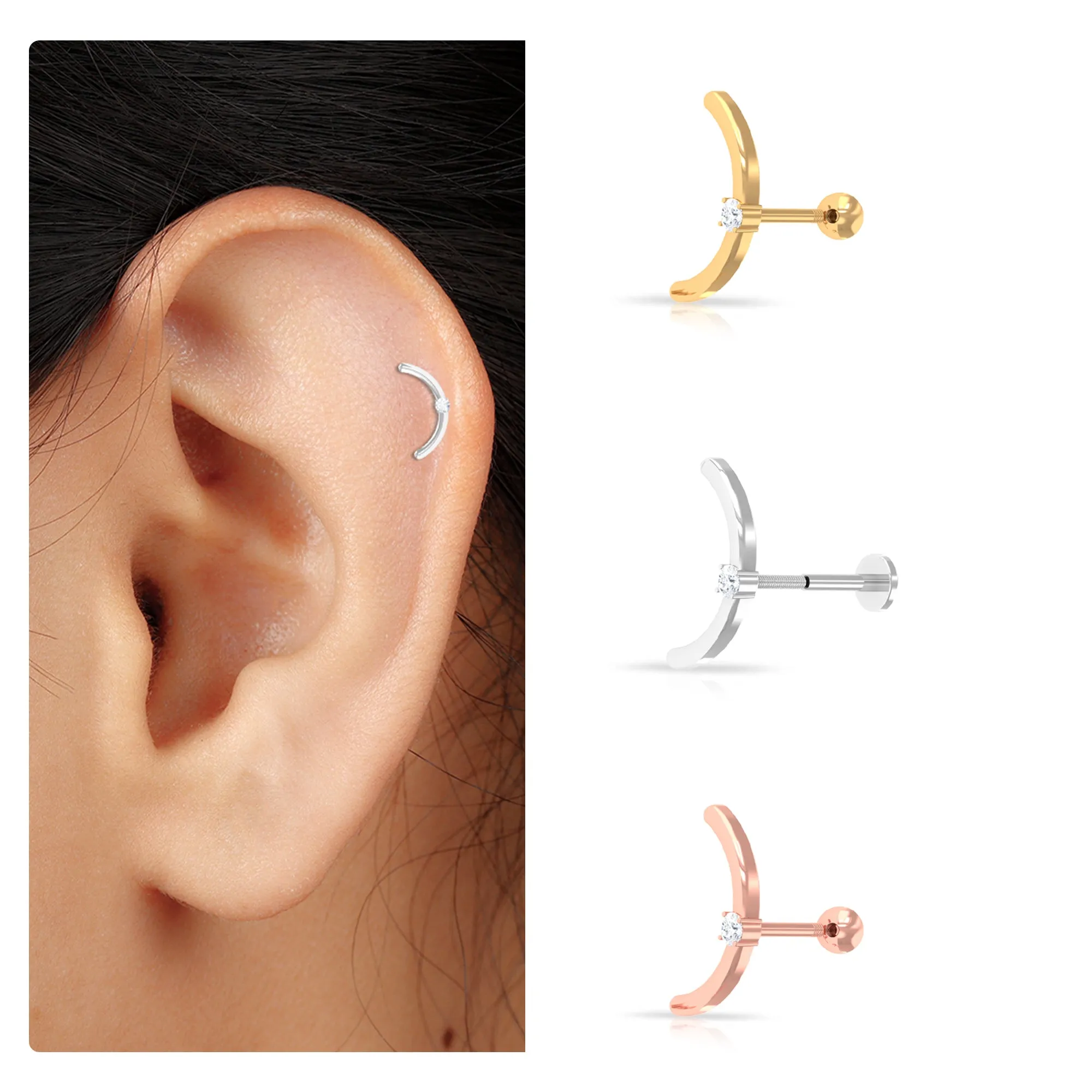 Minimalist Gold Curved Crawler Earring with Moissanite
