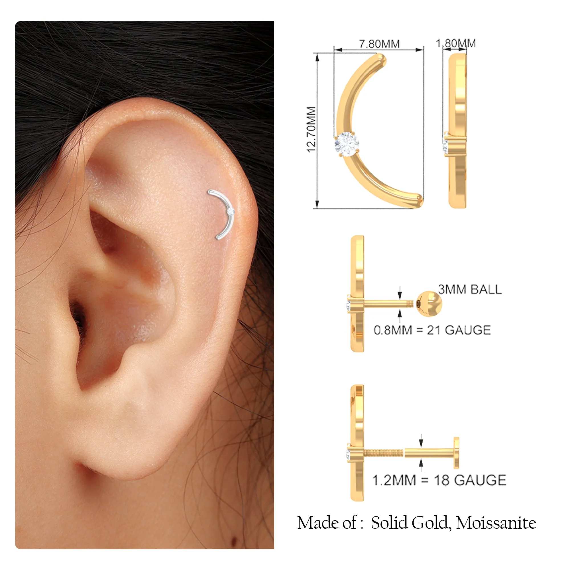Minimalist Gold Curved Crawler Earring with Moissanite