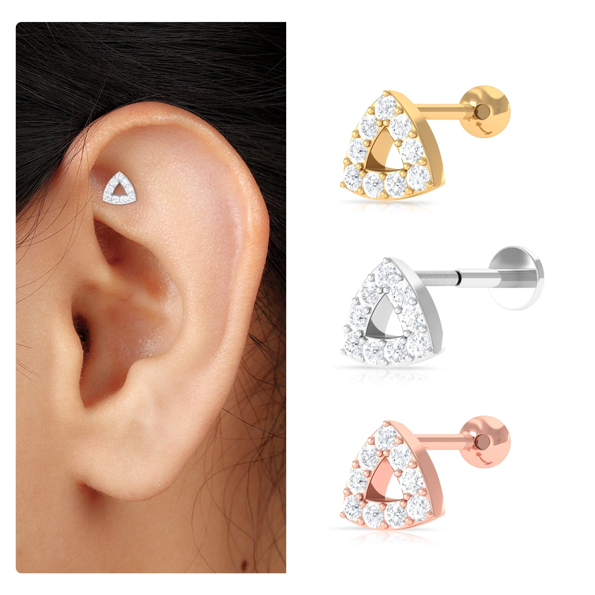 Minimalist Moissanite Gold Triangle Earring for Helix Piercing