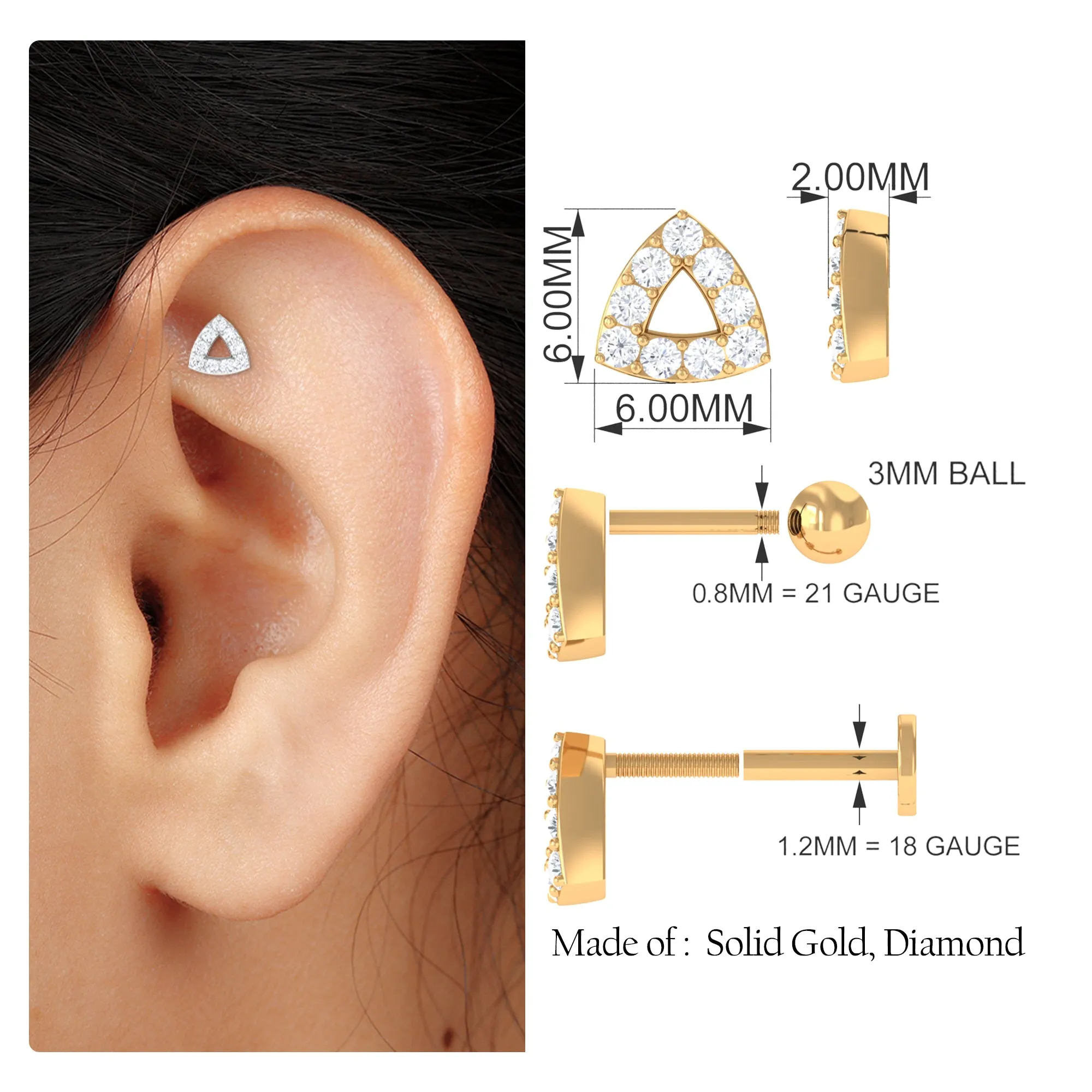 Minimalist Moissanite Gold Triangle Earring for Helix Piercing