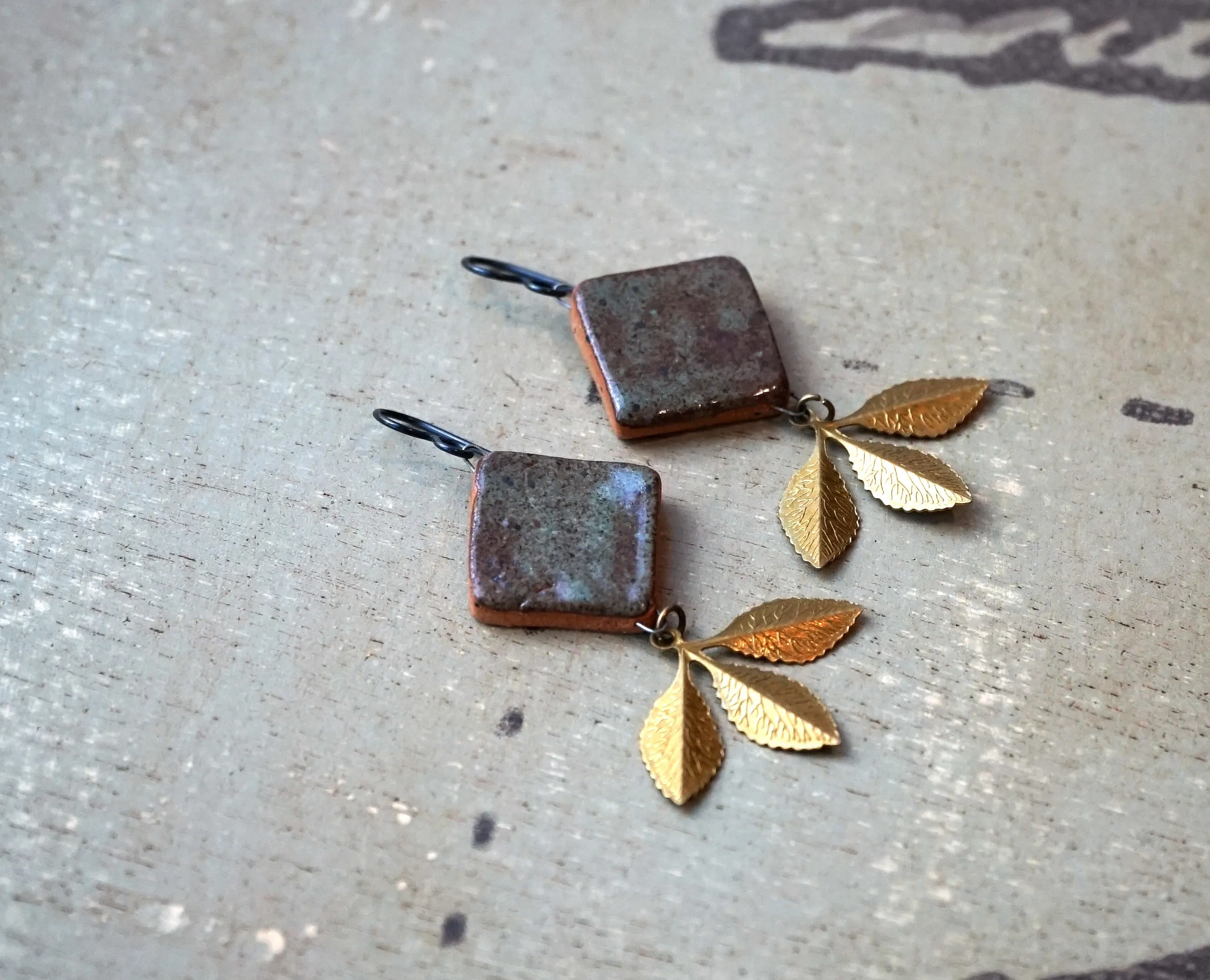 Mixed Media Earrings - Glazed Stoneware Dangle Earrings - Unique Art Earrings - Hypoallergenic Niobium Ear Wires - Statement Jewelry