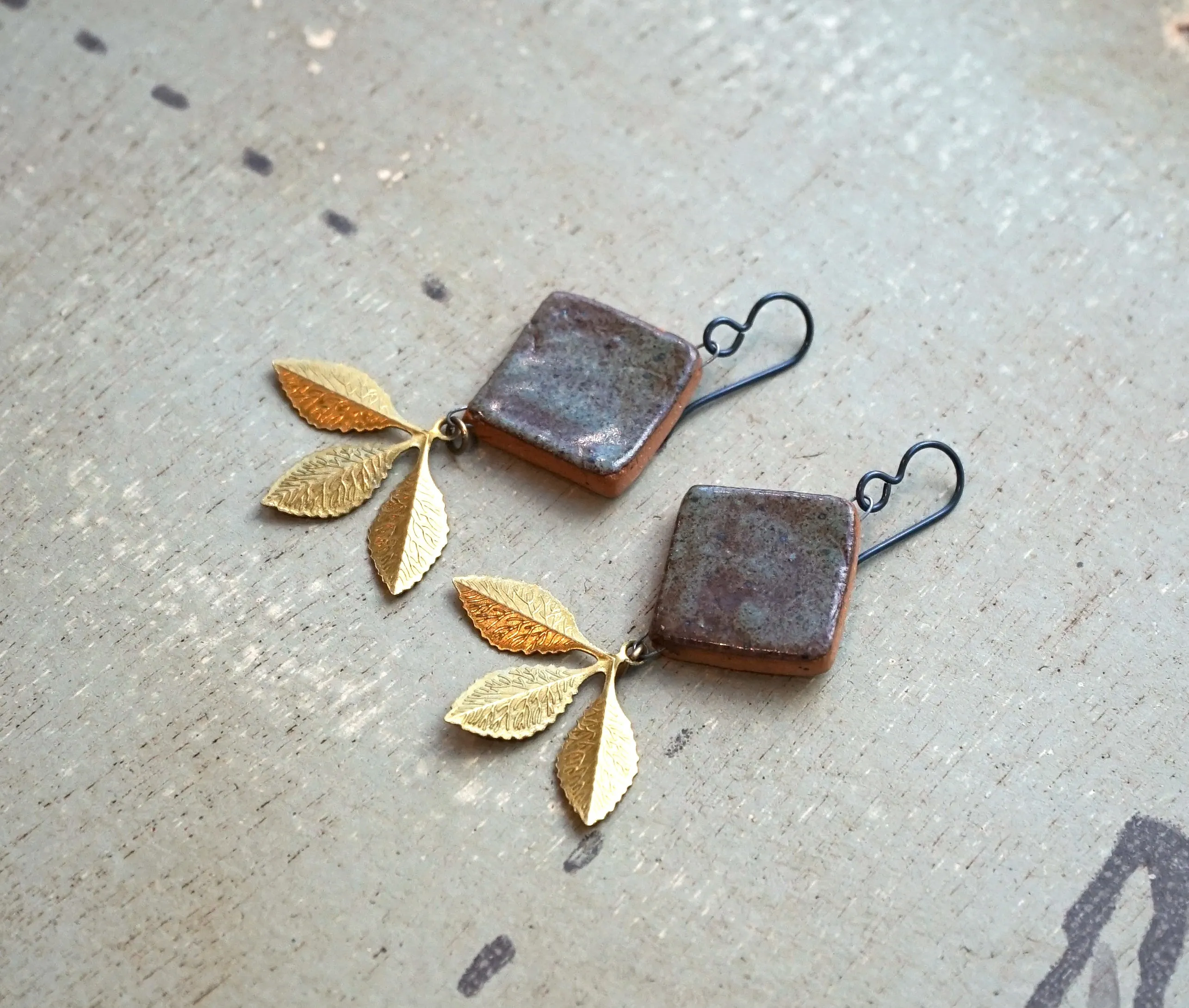 Mixed Media Earrings - Glazed Stoneware Dangle Earrings - Unique Art Earrings - Hypoallergenic Niobium Ear Wires - Statement Jewelry
