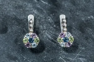 Multistone Flower Earrings - Natural Sapphire Drop Earrings - Colorful Vintage Earrings