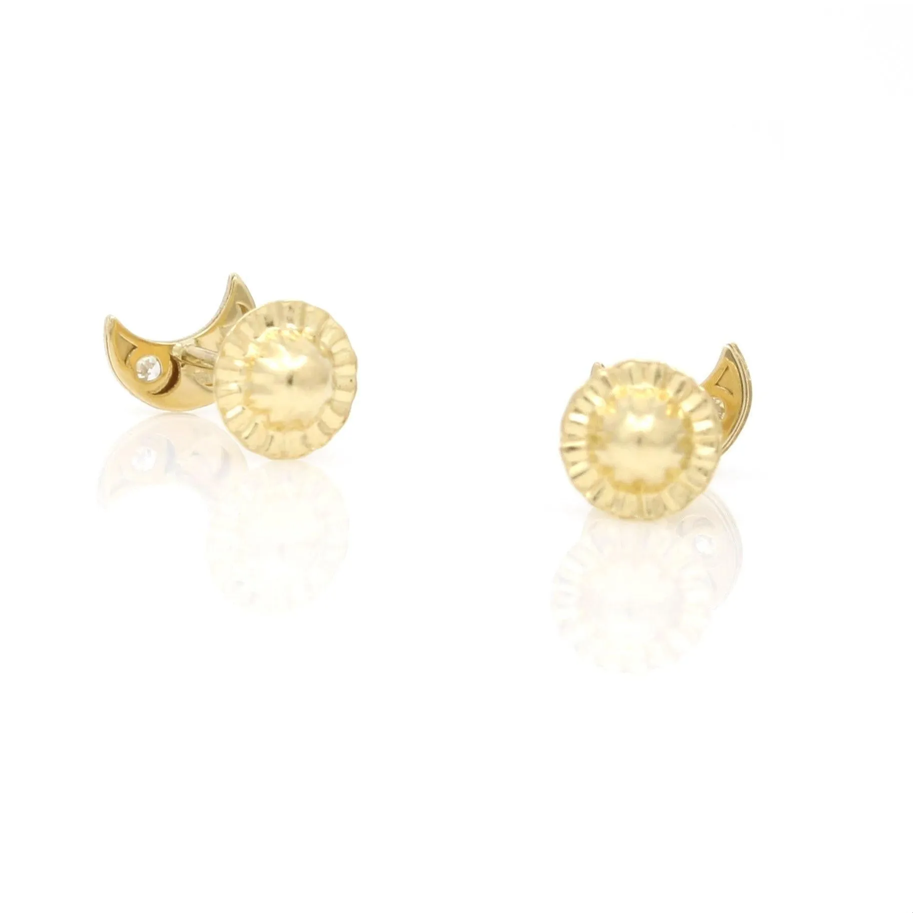 New 18k Yellow Gold Half Moon Stud Earrings with Diamond and Screw-Backs