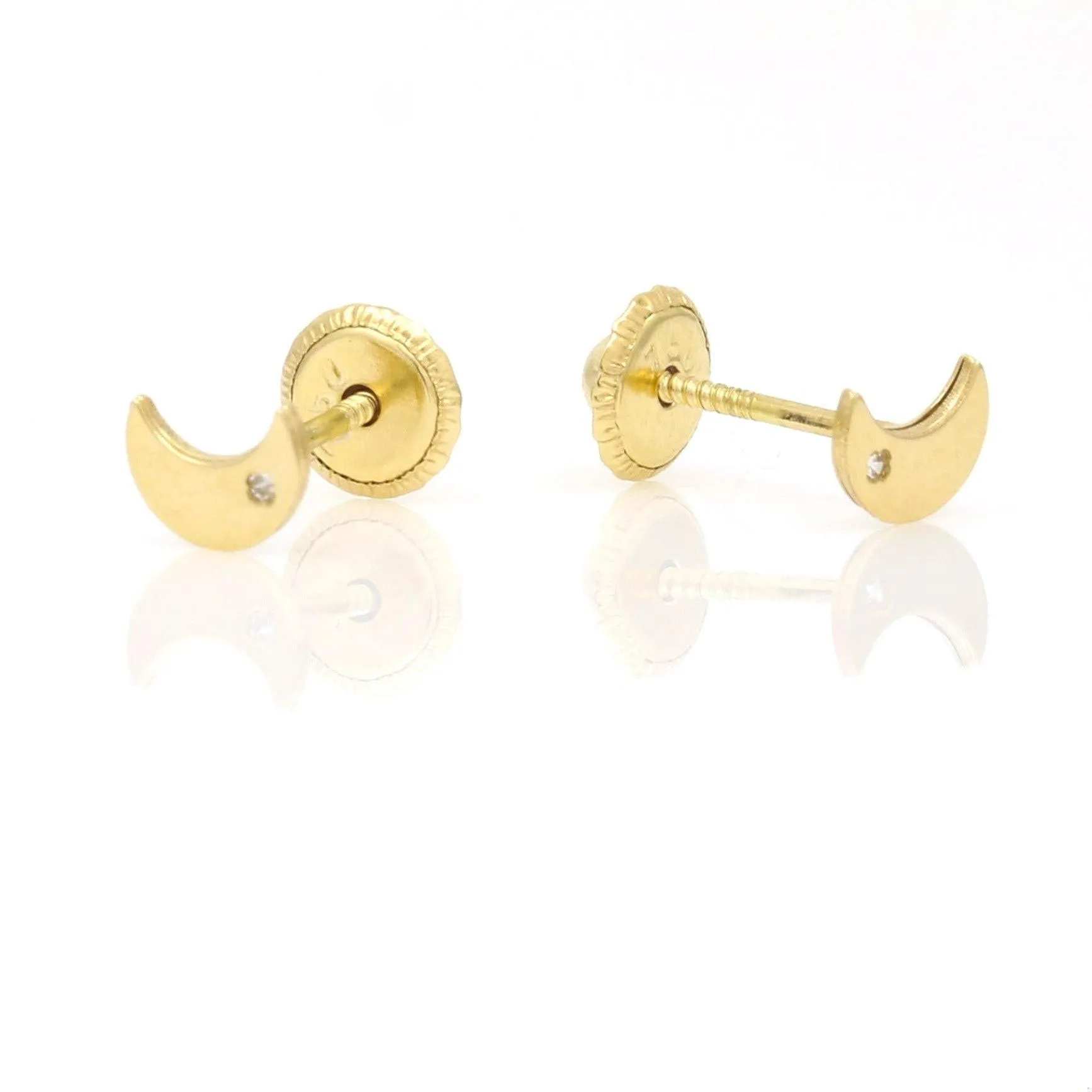 New 18k Yellow Gold Half Moon Stud Earrings with Diamond and Screw-Backs