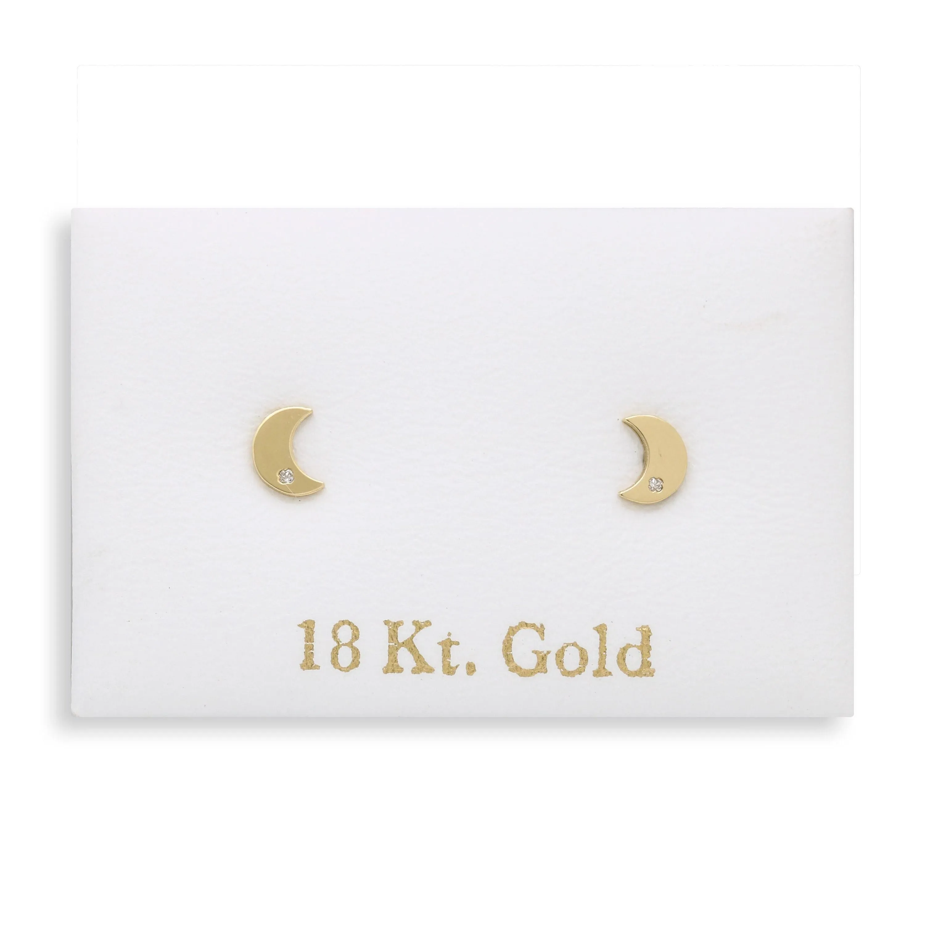 New 18k Yellow Gold Half Moon Stud Earrings with Diamond and Screw-Backs