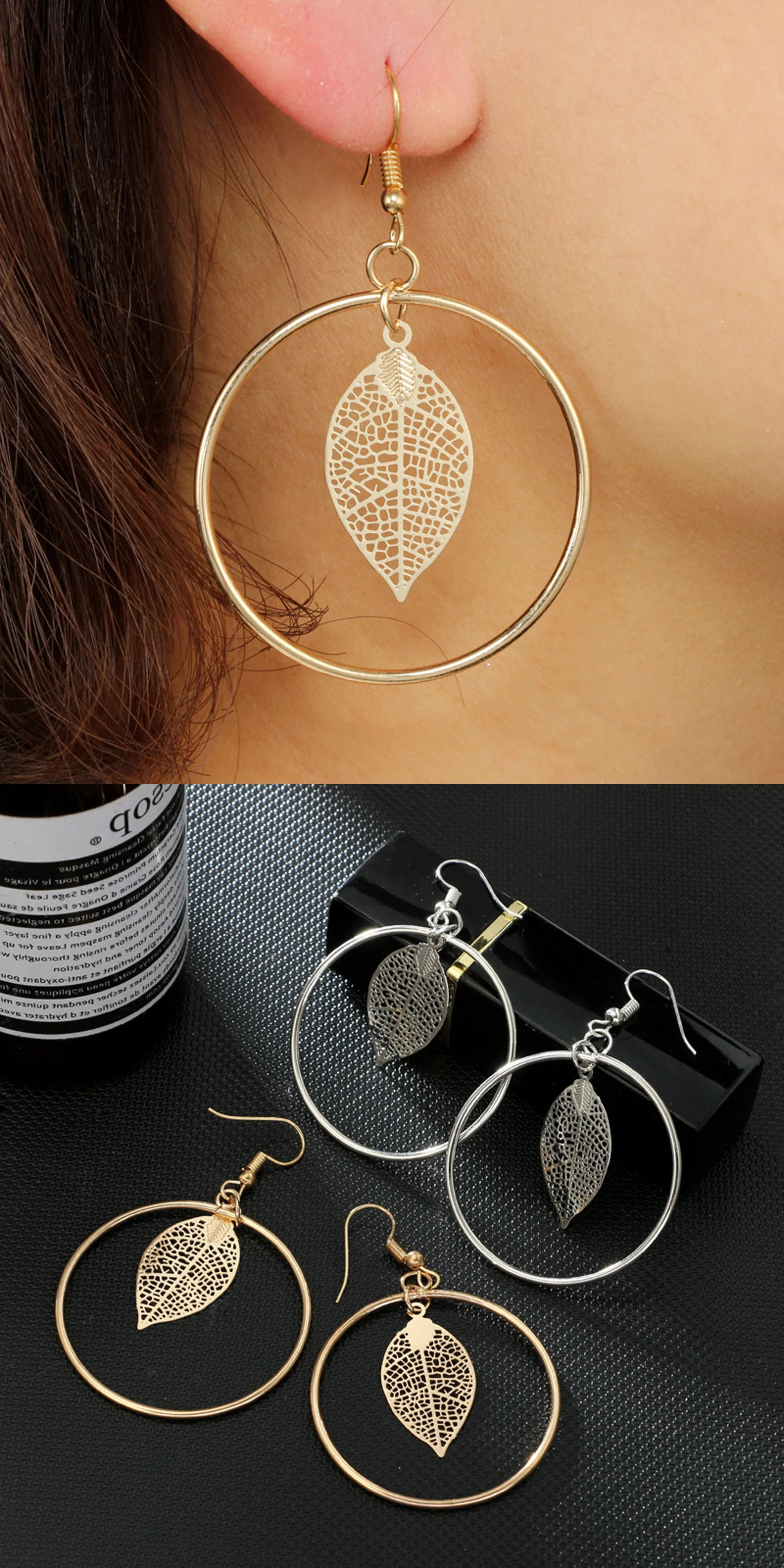 Nola Modern Unique Leaf Dangle Big Hoop Earrings