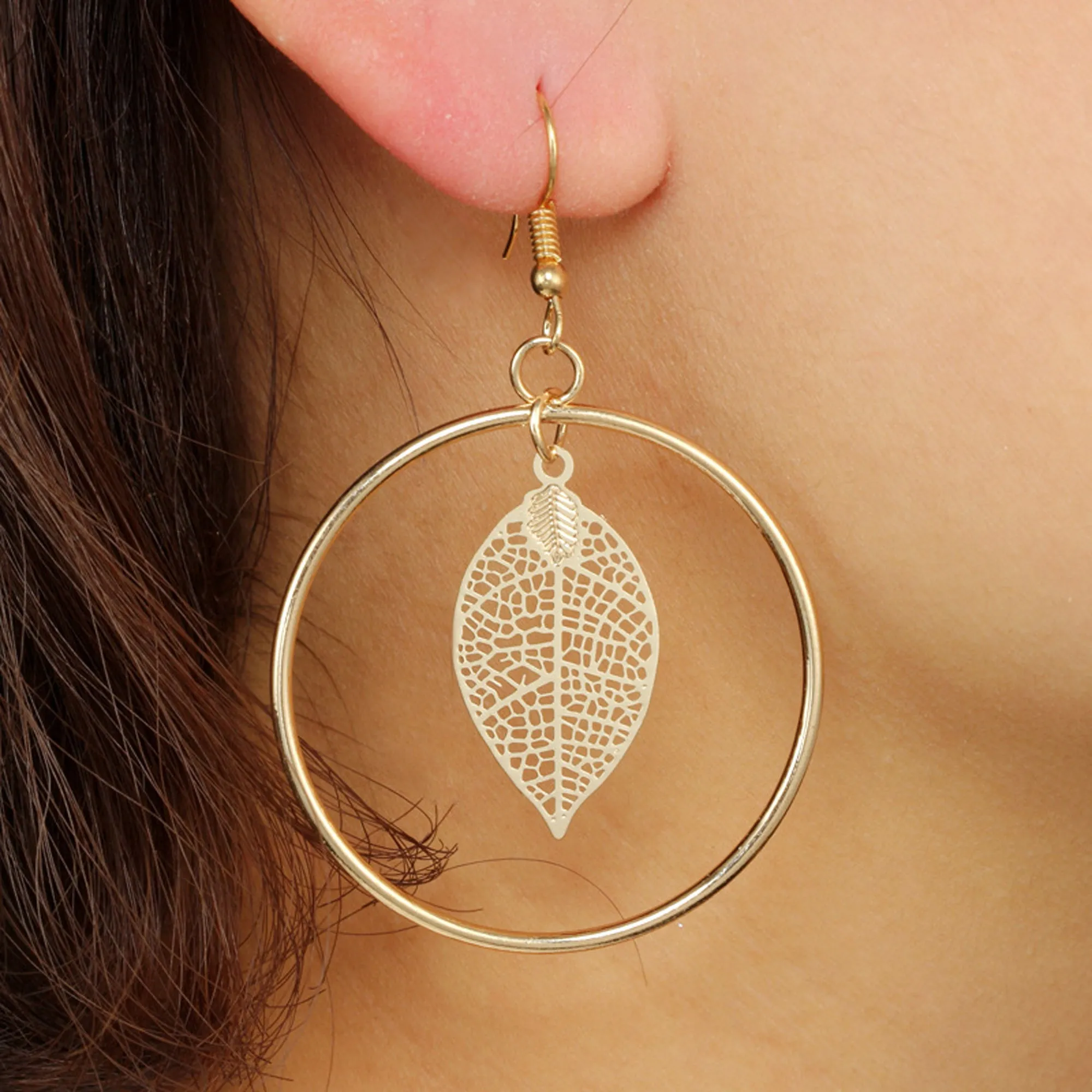 Nola Modern Unique Leaf Dangle Big Hoop Earrings