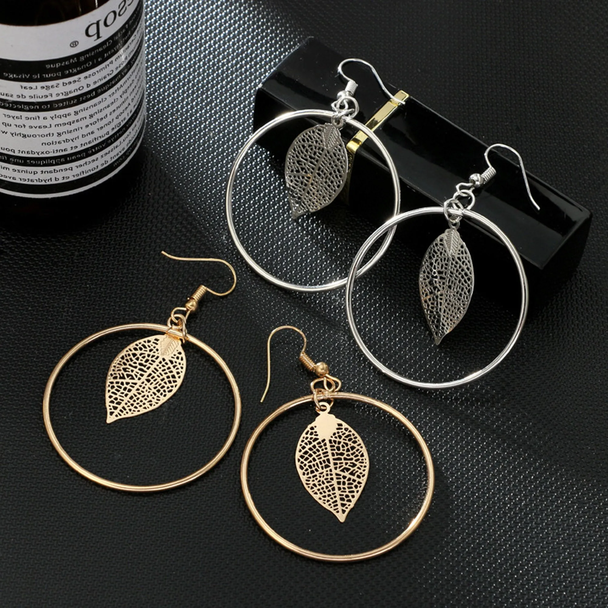 Nola Modern Unique Leaf Dangle Big Hoop Earrings