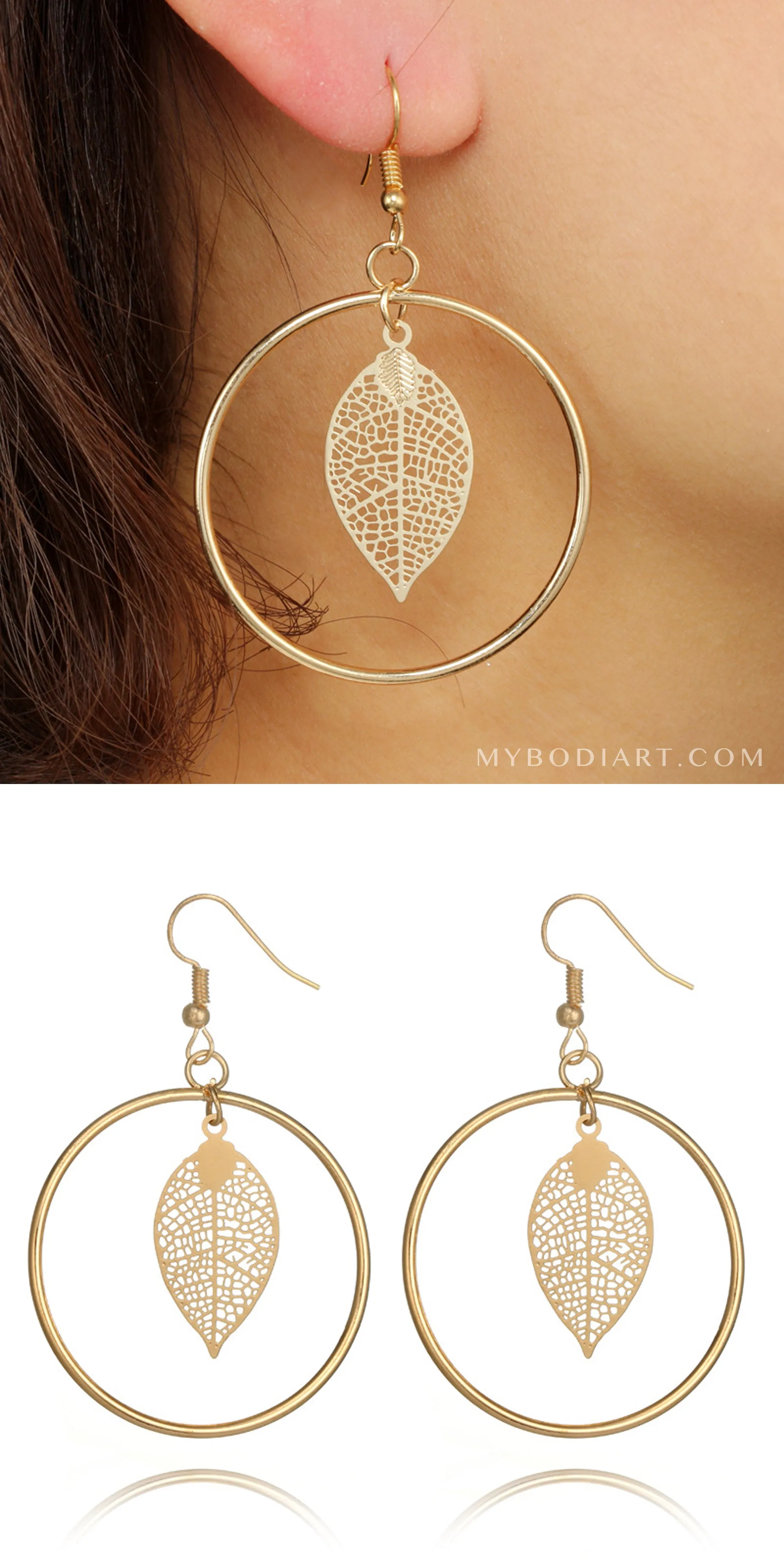 Nola Modern Unique Leaf Dangle Big Hoop Earrings