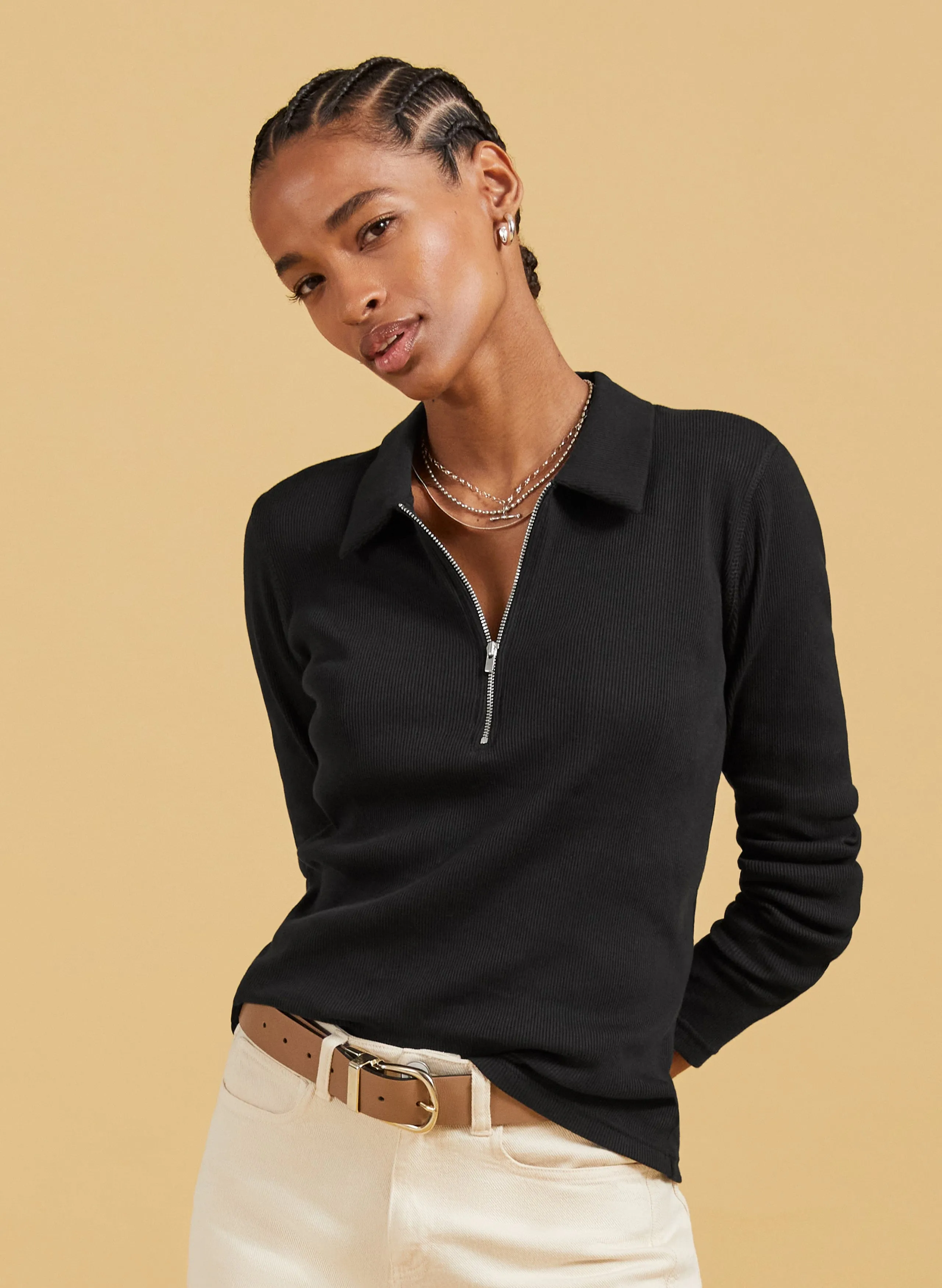 Organic Cotton Zip Collar Top | Black