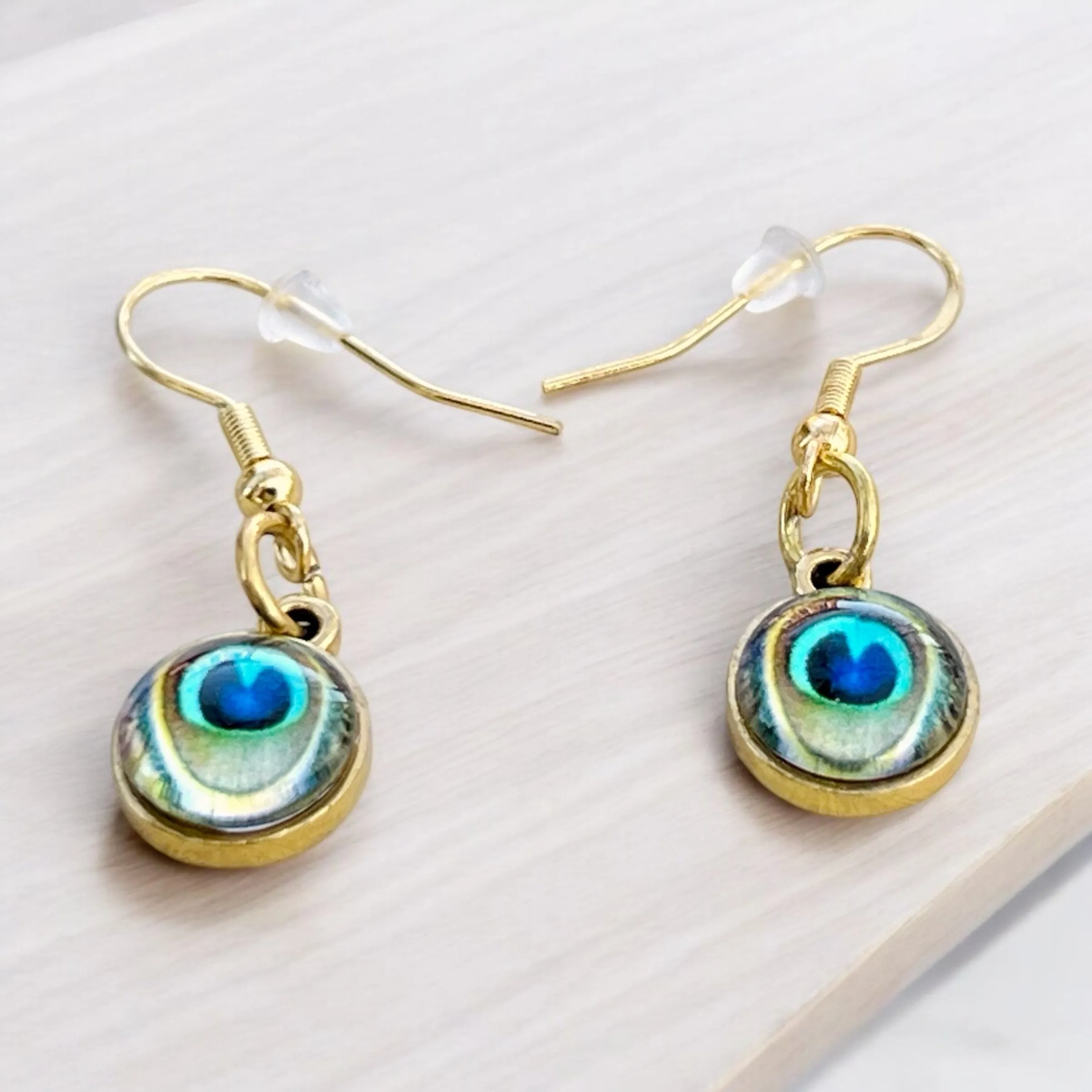 Peacock Eye Dangle Earrings – Handmade Gold Drop Earrings, Boho Nature-Inspired Jewelry, Unique Gift for Her