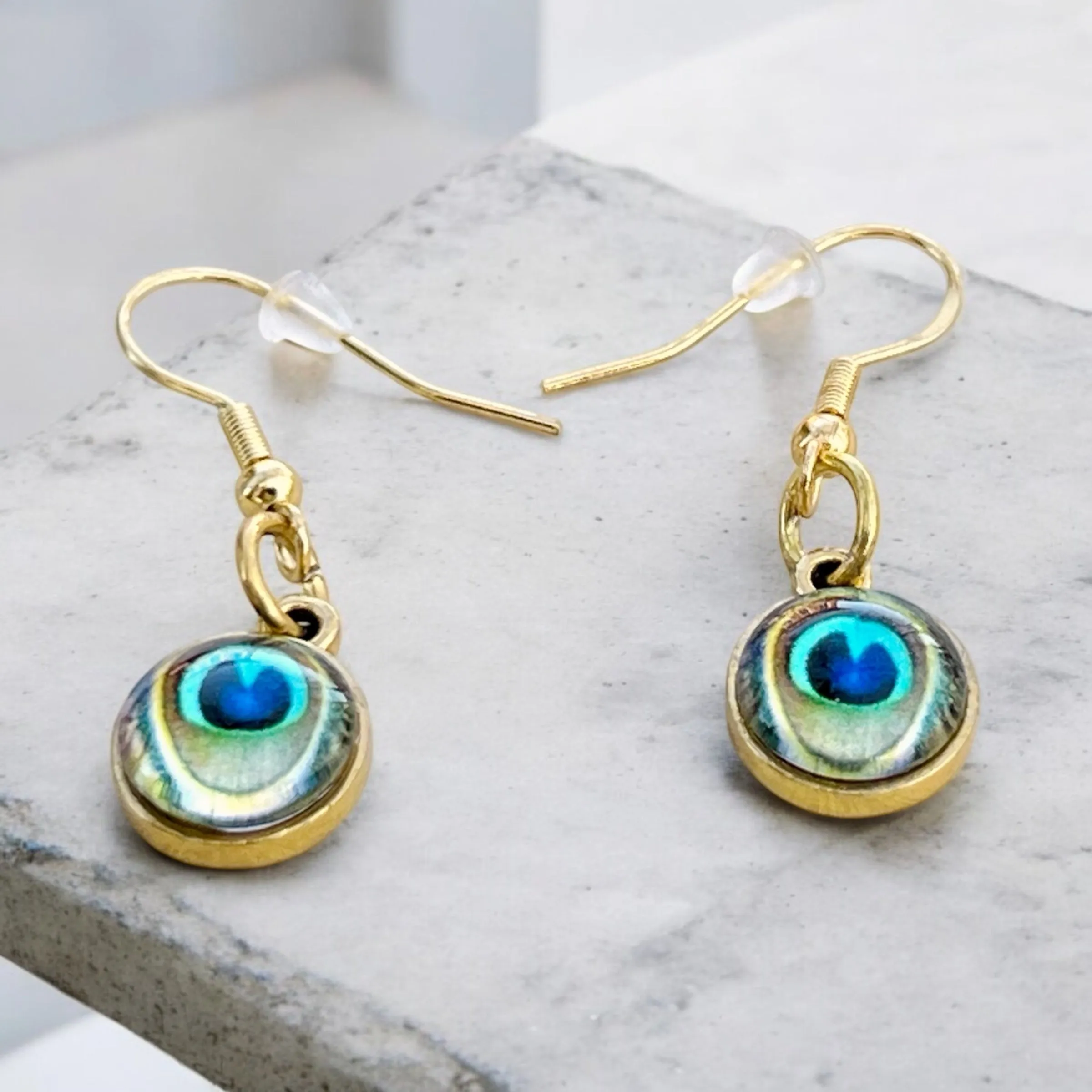 Peacock Eye Dangle Earrings – Handmade Gold Drop Earrings, Boho Nature-Inspired Jewelry, Unique Gift for Her