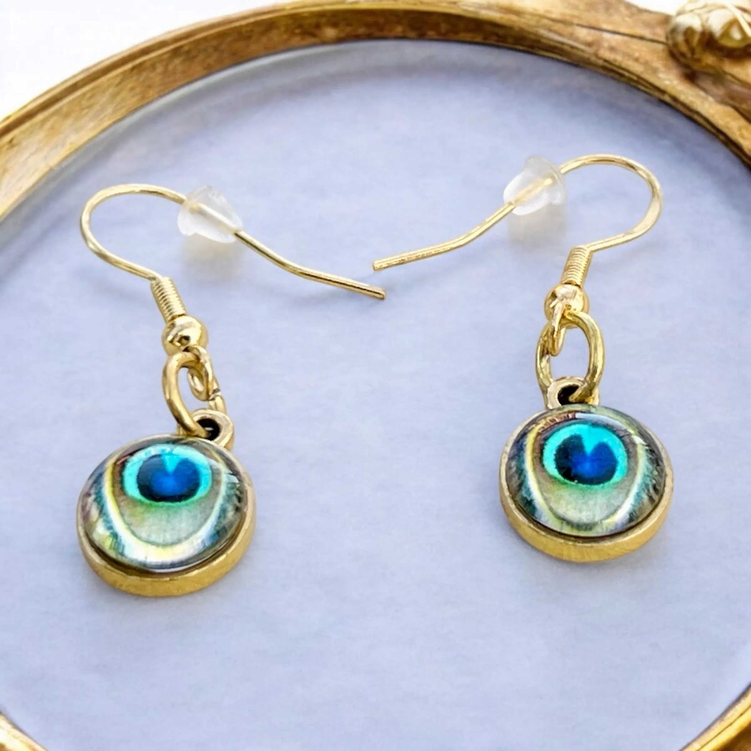 Peacock Eye Dangle Earrings – Handmade Gold Drop Earrings, Boho Nature-Inspired Jewelry, Unique Gift for Her
