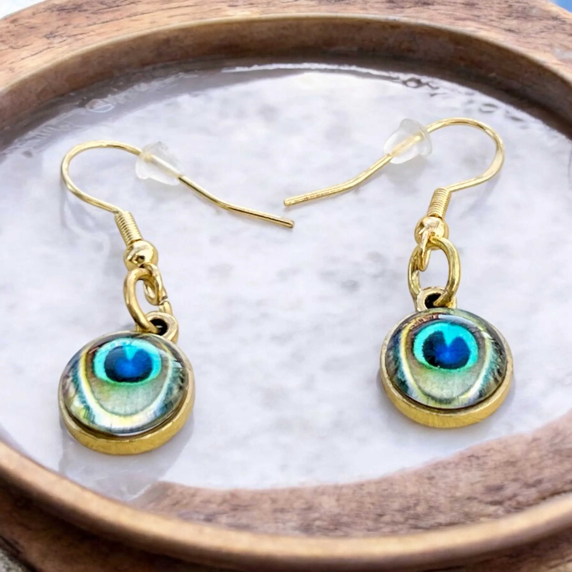 Peacock Eye Dangle Earrings – Handmade Gold Drop Earrings, Boho Nature-Inspired Jewelry, Unique Gift for Her