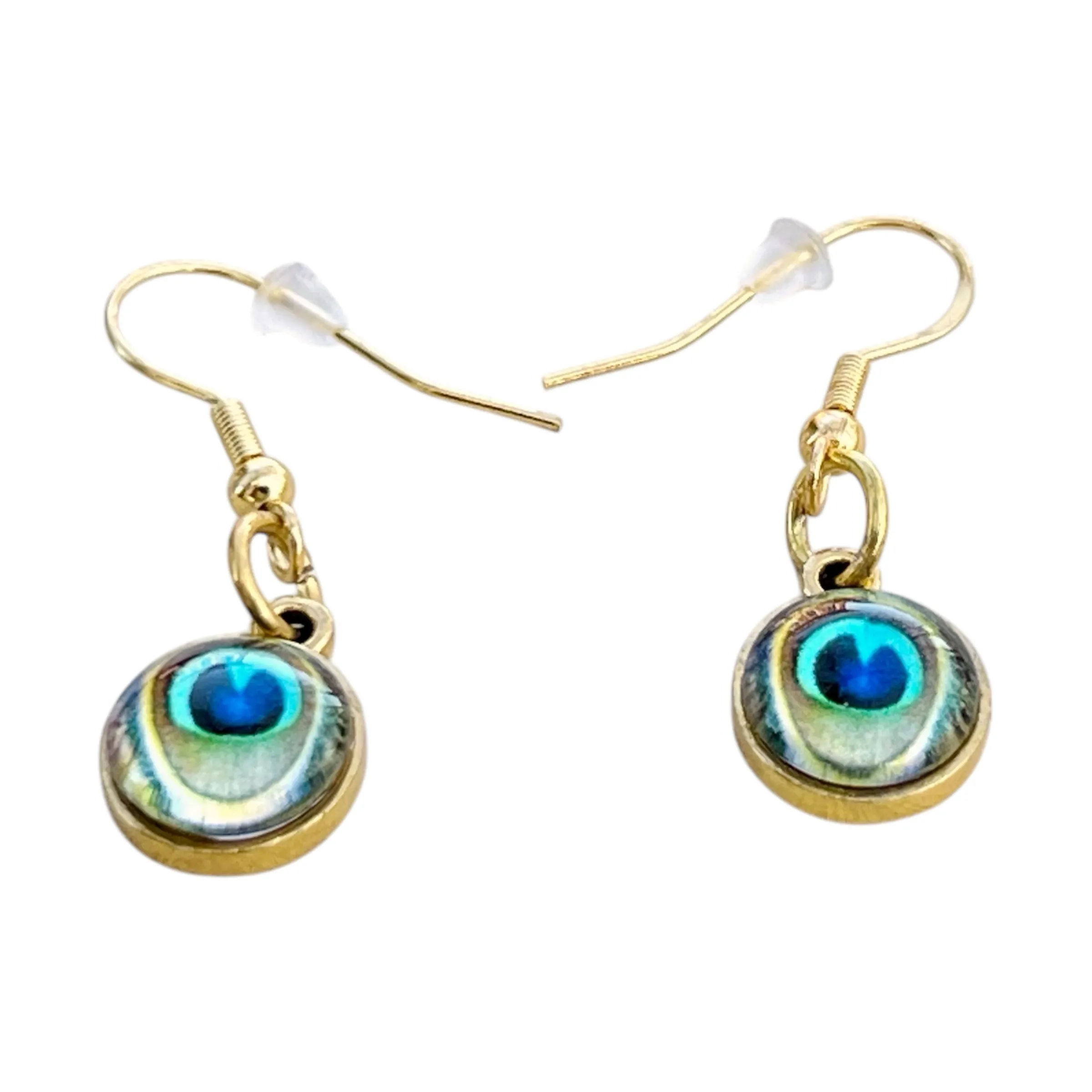 Peacock Eye Dangle Earrings – Handmade Gold Drop Earrings, Boho Nature-Inspired Jewelry, Unique Gift for Her
