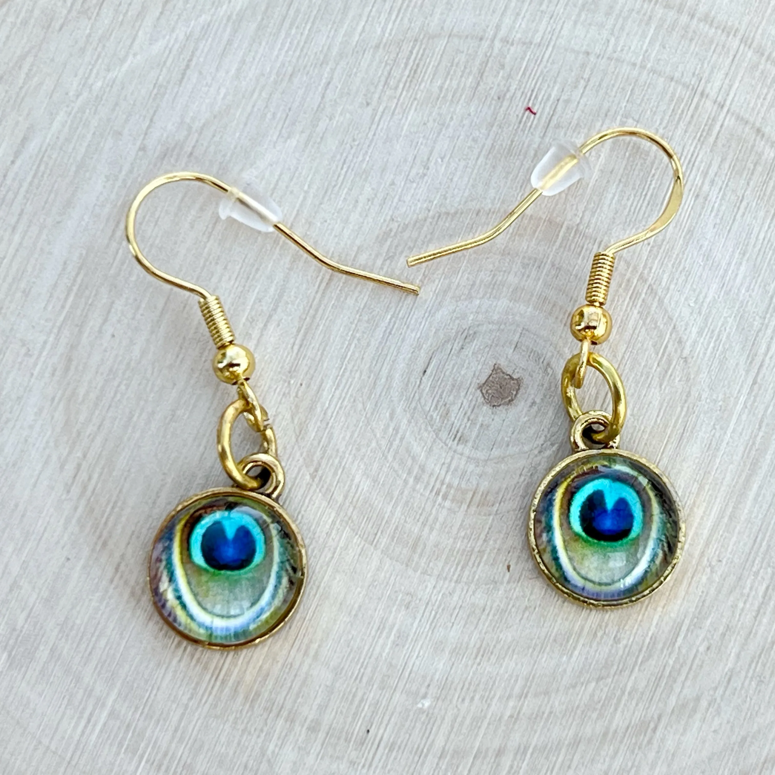 Peacock Eye Dangle Earrings – Handmade Gold Drop Earrings, Boho Nature-Inspired Jewelry, Unique Gift for Her