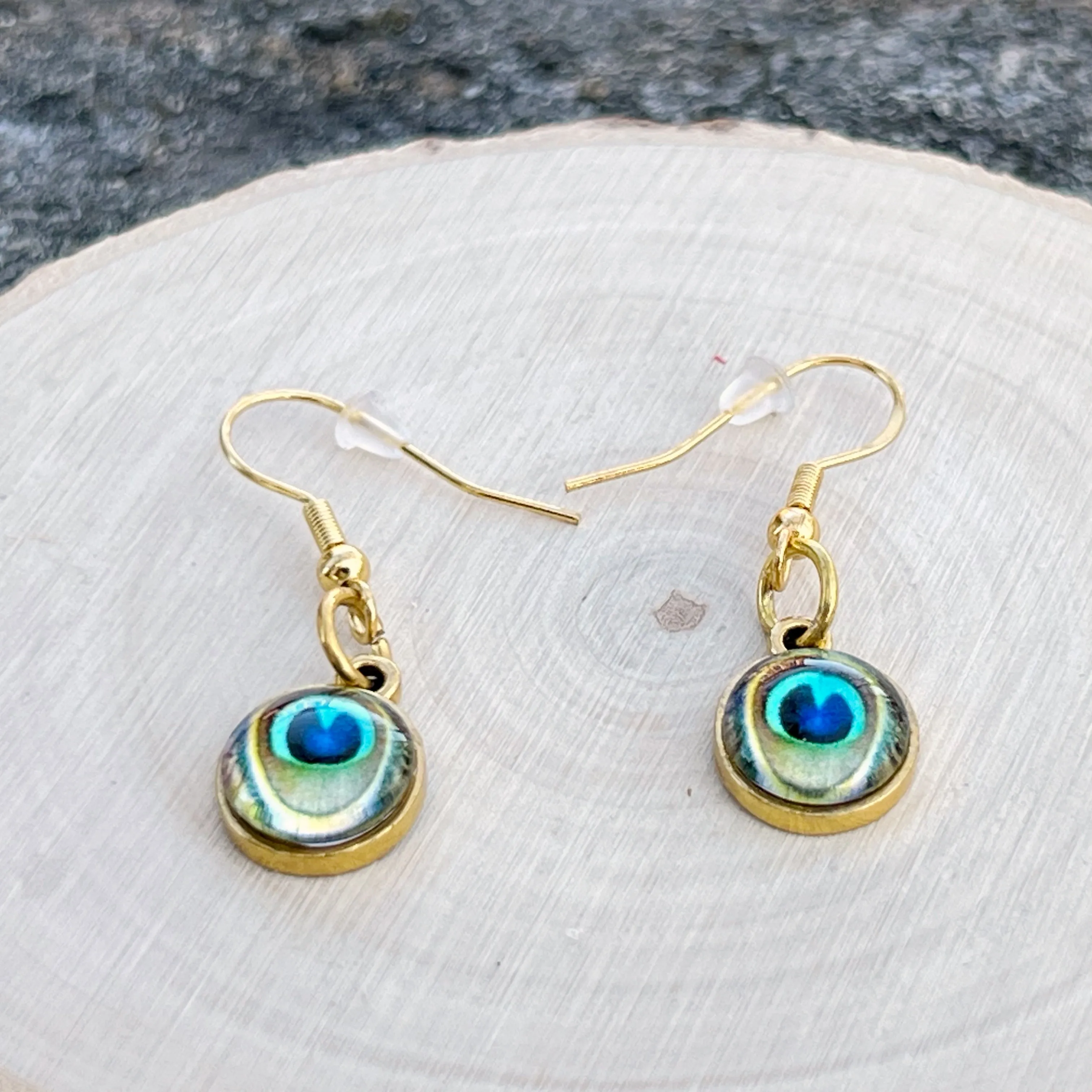 Peacock Eye Dangle Earrings – Handmade Gold Drop Earrings, Boho Nature-Inspired Jewelry, Unique Gift for Her