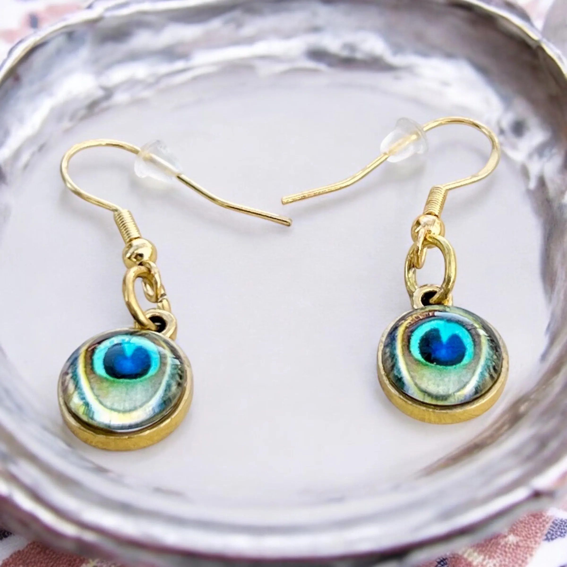 Peacock Eye Dangle Earrings – Handmade Gold Drop Earrings, Boho Nature-Inspired Jewelry, Unique Gift for Her