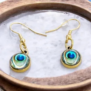 Peacock Eye Dangle Earrings – Handmade Gold Drop Earrings, Boho Nature-Inspired Jewelry, Unique Gift for Her